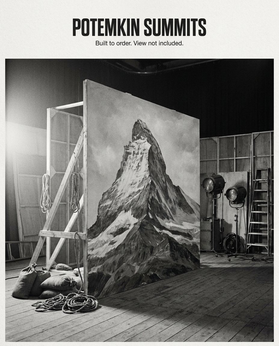 Advertisement for POTEMKIN SUMMITS: a mountain summit painted on a flat on a soundstage, its scaffolding showing. Built to order. View not included.