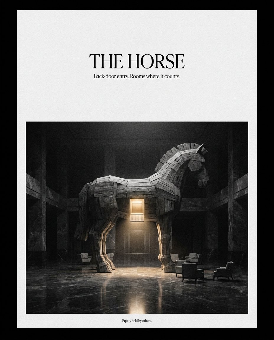 Advertisement for THE HORSE: a wooden Trojan horse in a marble hotel lobby at night, light spilling from a hatch in its belly. Back-door entry. Rooms where it counts. Equity held by others.