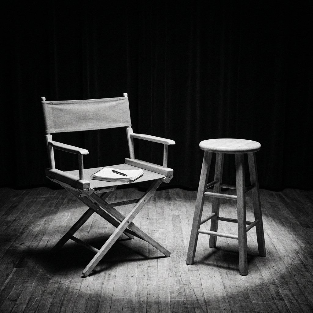 An empty director's chair with a notebook on the seat, under a single spotlight