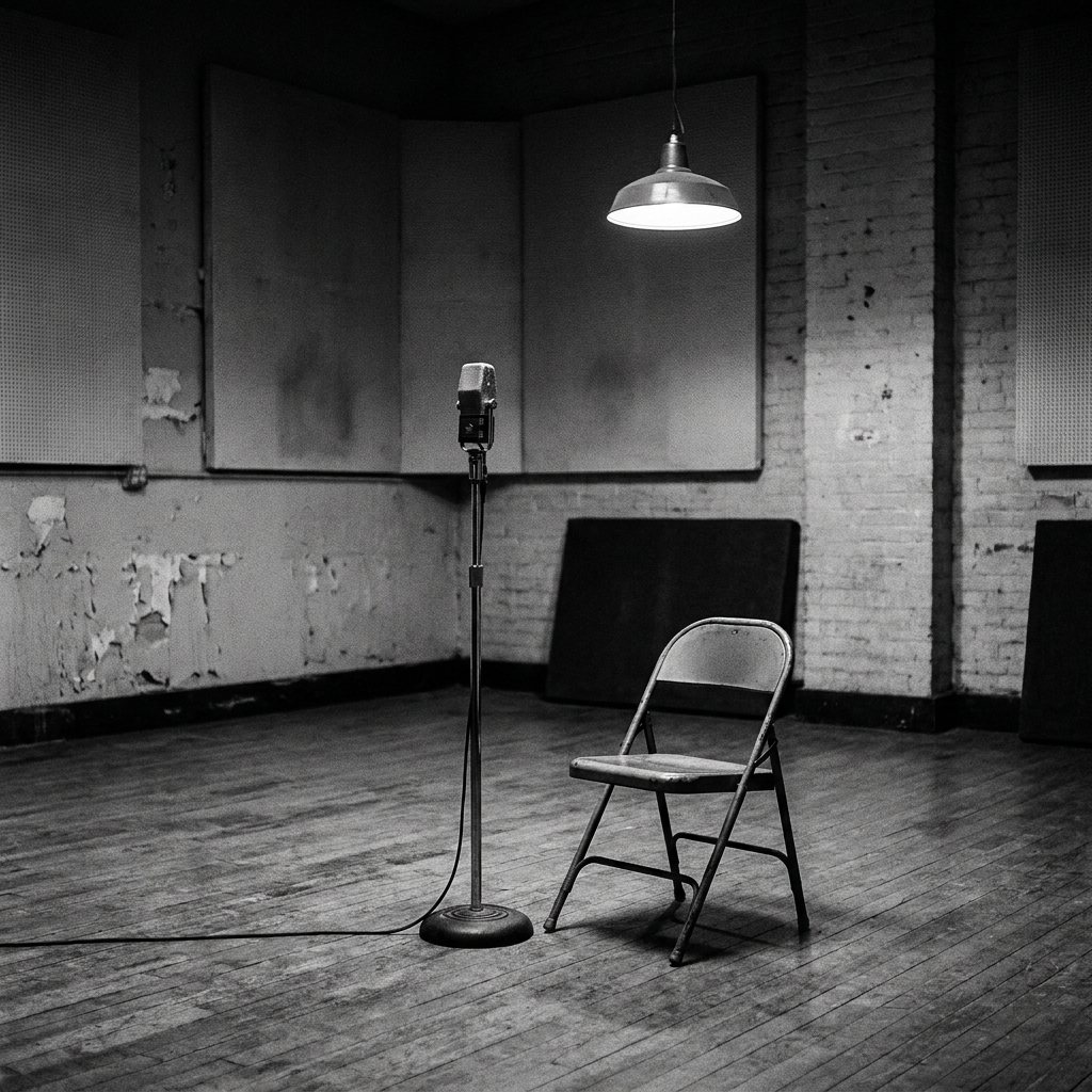 A single studio microphone in an empty rehearsal room