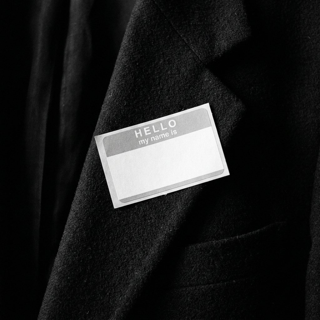 A blank HELLO my name is sticker on a black lapel
